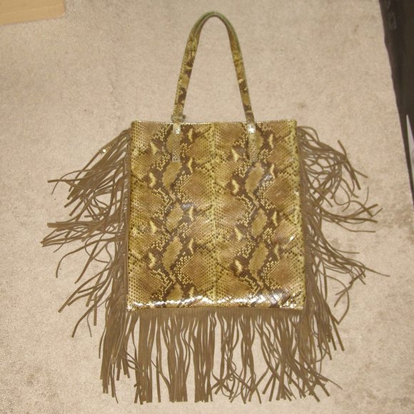 NWOT Via Repubblica Olive Green Reptile Leather Bag w/Fringe - Picture 5 of 10
